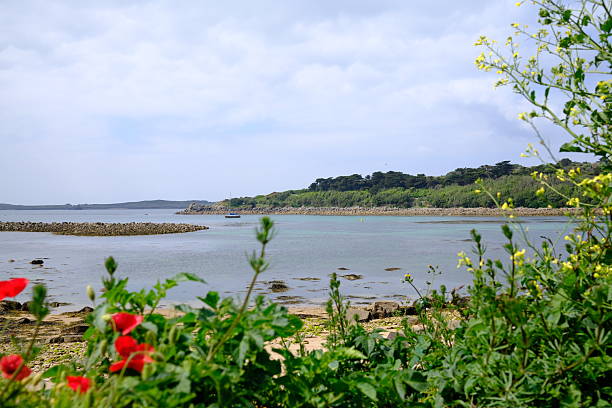 The bay at Porthcressa Beach in Hugh Town in the Isles of Scilly, UK