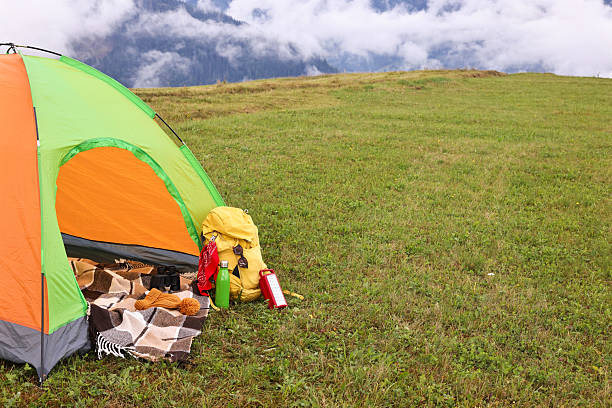 Happy mother and child seated near a tent enjoying time while camping under the trees.