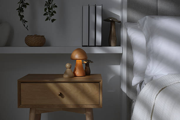 istock Stylish living room interior with bed, bedside table and night light 2216153572