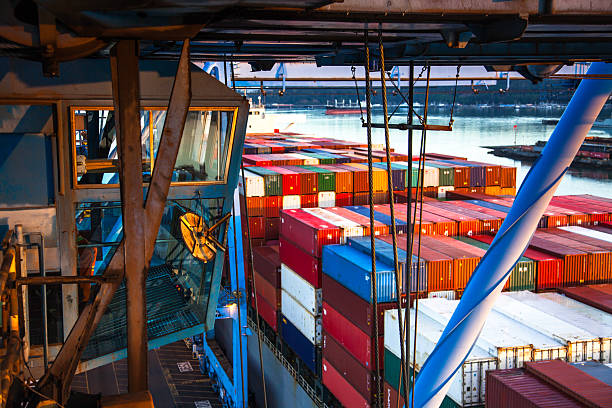 A high angle still image of cargo containers at the the Port of Tacoma of Tacoma, Washington.