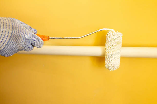 A house painter focuses on applying vibrant yellow paint to a wall with a roller. The painter wears protective gloves and works indoors, improving the space's appearance.
