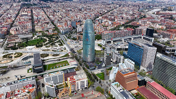 Agbar Tower At Barcelona In Barcelona Province Spain. Highrise Buildings Scenery. Downtown Cityscape. Catalonia Skyline. Agbar Tower At Barcelona Spain. District Aerial View. Spain Skyline.