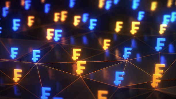 istock Yellow Blue Swiss Franc Icons and Fall Rise Figures on Digital Abstract Technological Network Connections 2216157167