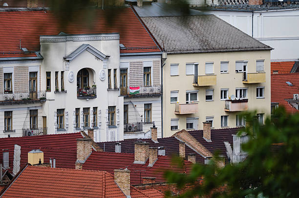 View of classic European apartment buildings with red tile rooftops, ornate balconies, and a Hungarian flag hanging from one balcony. The scene captures architectural details and the cultural atmosphere of an older urban neighborhood, framed by soft green foliage in the foreground.