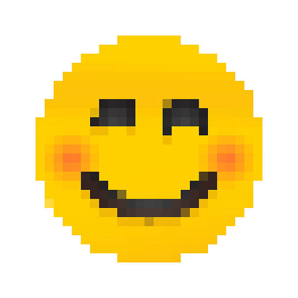 istock Cute social media smiling and blushing pixelated Emoji face icon on white background 2216164389