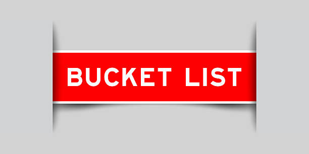 istock Red color square shape sticker label with word bucket list inserted in gray background 2216172155
