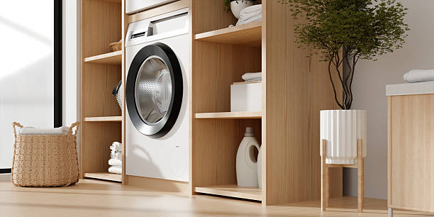 istock Functional laundry room with organized shelves and efficient appliances. 3D render illustration 2216174084