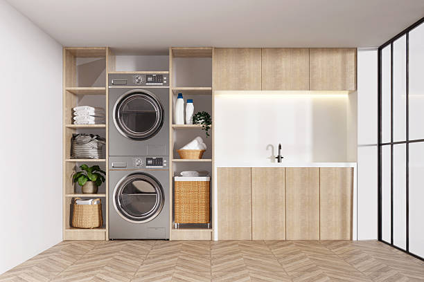 istock Laundry room layout with integrated appliances and modern fixtures. 3D render illustration 2216174117