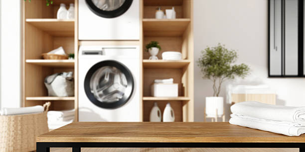 istock Stylish laundry room decor featuring efficient home appliances. 3D render illustration 2216174244