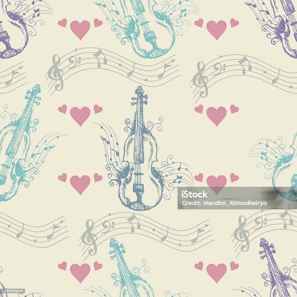 Violin Pattern Material Handdrawn Musical Violin Pattern With Notes And Hearts Stock ...