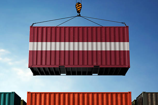 istock Latvia trade cargo container hanging against clouds background 2216175978