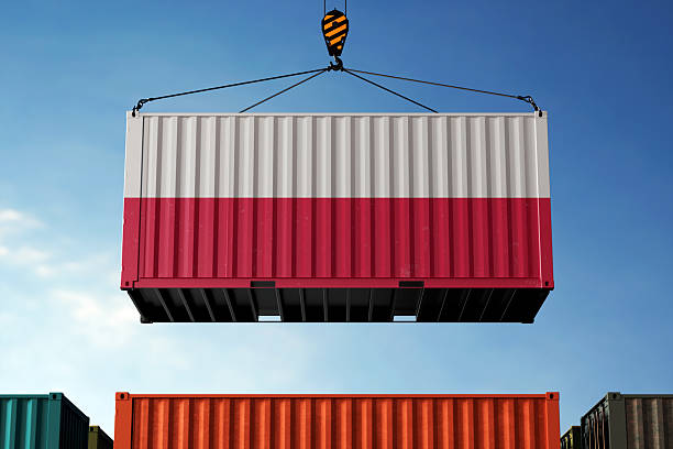 istock Poland trade cargo container hanging against clouds background 2216176137