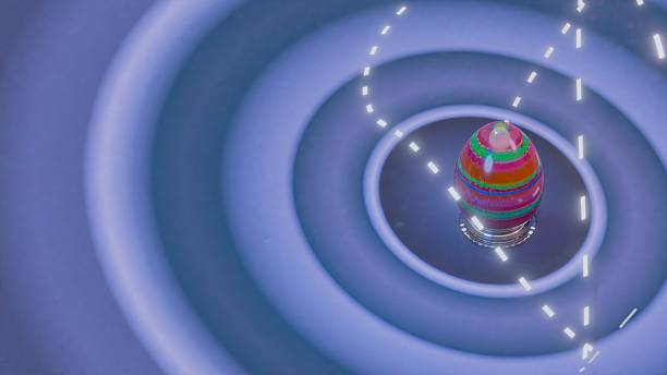 3D illustration of a painted Easter egg centered on metallic base with spiral neon lights and concentric rings in a futuristic purple scene, symbolizing abstract celebration and movement.