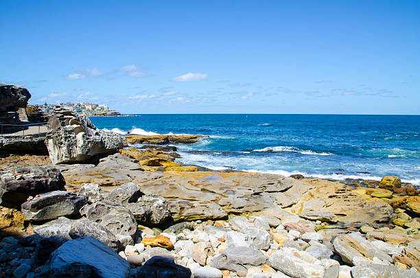 Natural Waves pattern on stone surface with ocean rocky beach view at Bondi bay, is popular beach and the name of the surrounding suburb in Sydney, New South Wales, Australia.