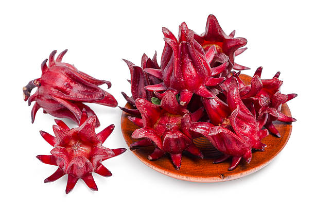 istock Top view fresh roselle fruit in wood bowl on white background. 2216189667