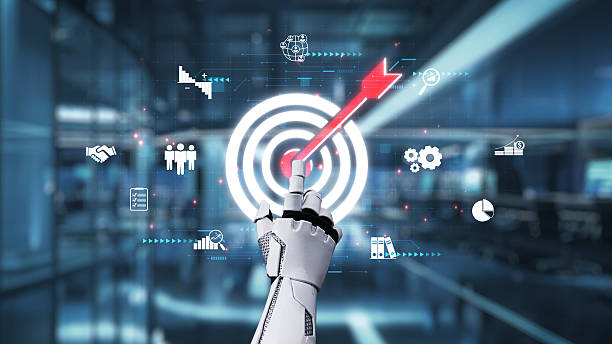 istock Futuristic robotic hand targeting a goal with digital icons and graphs, symbolizing technology, automation, and business analytics strategies. Auvana 2216193321