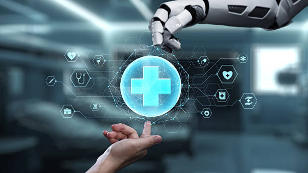 istock Robot and human reach hand and point finger with cross icon float. Salubrious. 2216193632