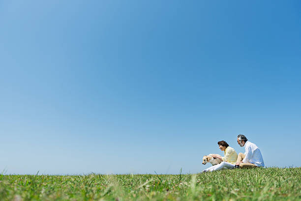 istock Senior couple and dog in a meadow under a blue sky 2216196601
