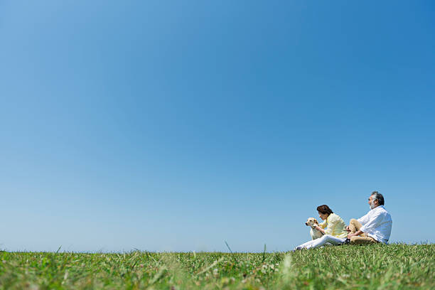 istock Senior couple and dog in a meadow under a blue sky 2216196943