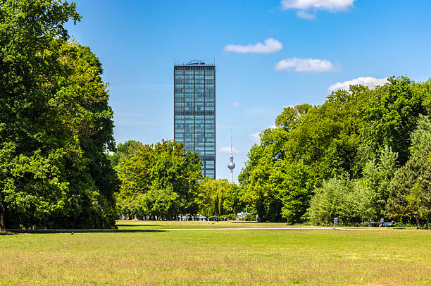 Treptower Park in Berlin with skyscraper and TV Tower