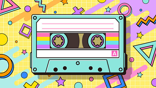 Vector illustration of retro cassette tape and abstract geometric background