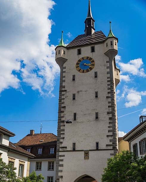 Historic clock tower in Solothurn, Switzerland.