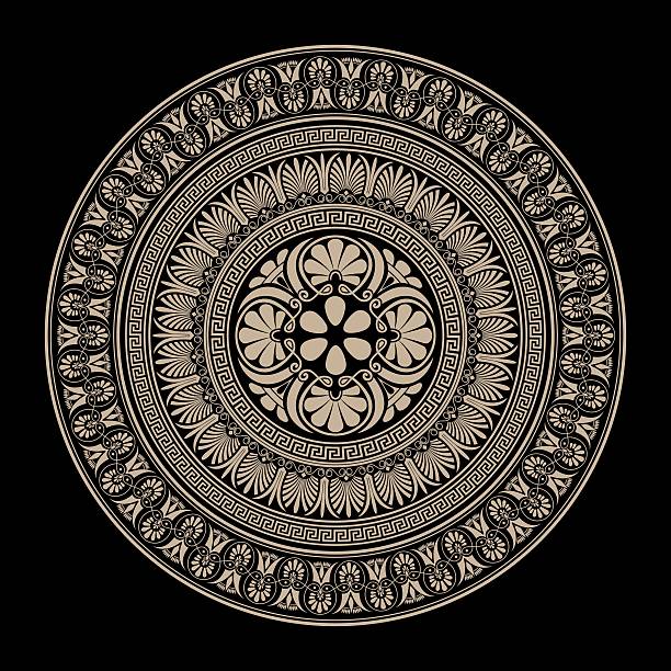 istock Decorative Gold round frame for design with Greek key, meander. Circle golden frame. Egyptian, Assyrian, Greek motif circular frame. Template for textiles, engraving, forging, embroidery, porcelain 2216200750