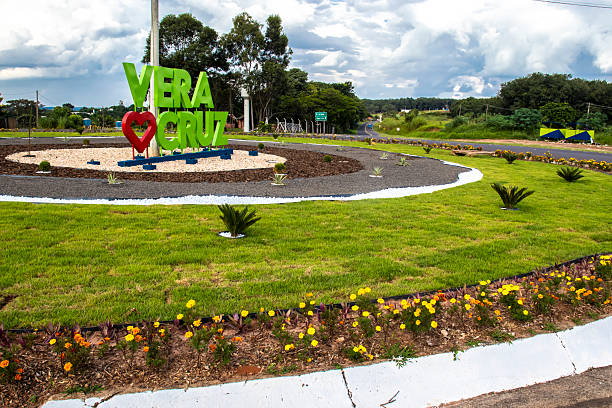 Sign with the name of the city of Vera Cruz, Sao Paulo state, at the roundabout at one of the city entrances, on a local highway in the municipality