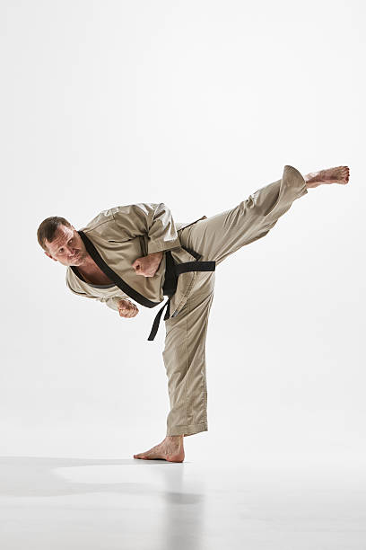 Two martial artists practicing karate, one in a white gi and the other in a black gi. The man in black strike delivers a while the other holds a hand makiwara for training.