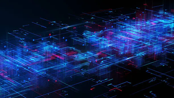 Photo of High-tech abstract network background with blue and red data lines and grid structures, ideal for digital communication, AI, and big data visualizations. Technology digital background 3D Rendering