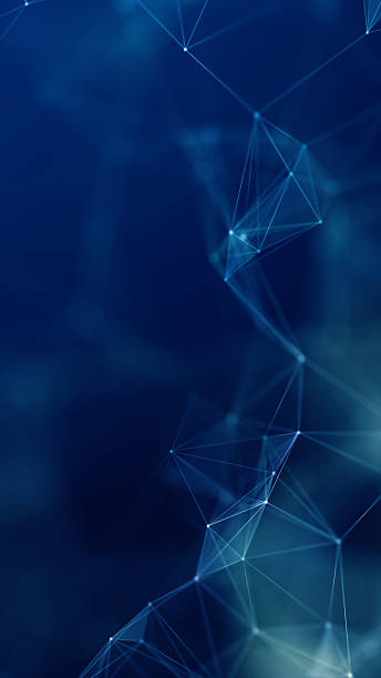 Vertical abstract tech background in blue featuring network nodes and polygonal connections, ideal for digital big data, AI, and futuristic visuals. Technology background loop 3D Rendering
