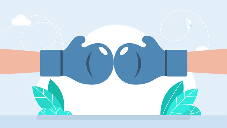 Two blue boxing gloves. Boxing with Blue gloves. Competition, rivalry, strategic battles. Business conflict, competitive strategy, and power struggles. Sport and Game competition. 2d flat animation