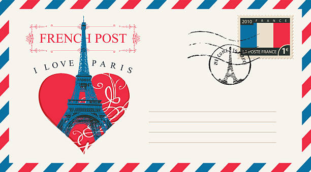Vector greeting card with heart sign, Eiffel Tower in Paris, France. Or vintage style postal envelope with words 