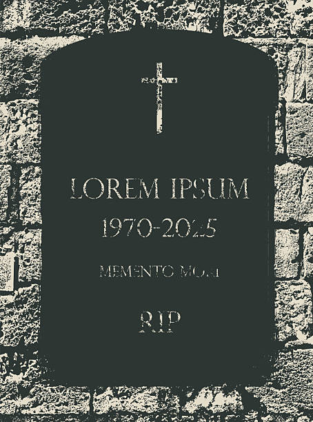 Vector banner, frame or background with gray brick wall, stone and space for text or inscription. Old, broken, chipped shell rock with holes. Suitable for tombstone and memorial, funeral services