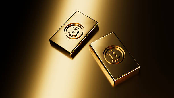 Golden Bitcoin ingots (bullion bar) on golden background. Bitcoin as a future gold (most precious commodity in the world). 3D rendering