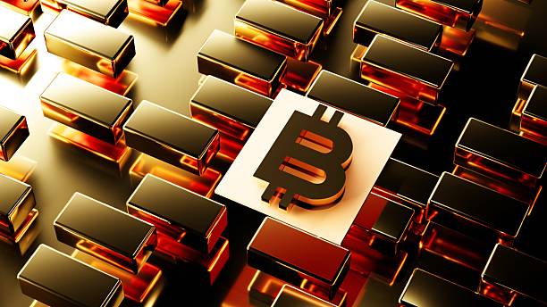 istock Golden Bitcoin laying on the gold ingots (bullion bar). 2216230568