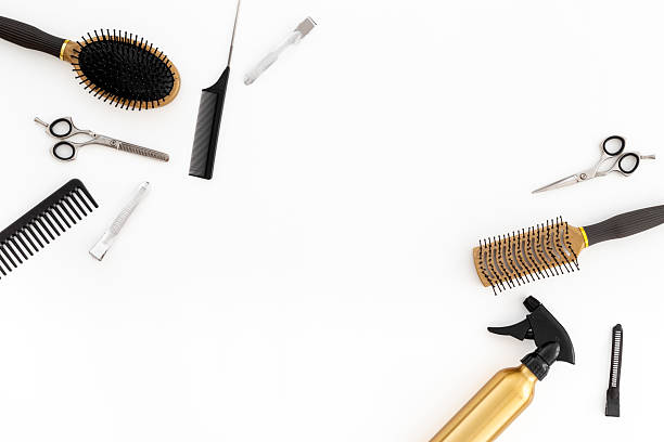 istock Layout of hairdresser tools set, top view. Combs and scissors on white background 2216232997