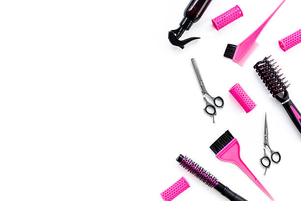 istock Layout of hairdresser tools set, top view. Combs and scissors on white background 2216233042