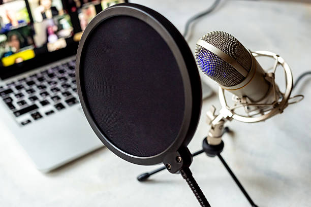 istock Podcast recording - metal microphone with filter on the desk, close up 2216233597