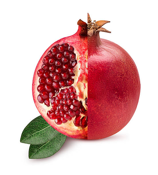 istock Ripe pomegranate fruit quarter with green leaf 2216235068