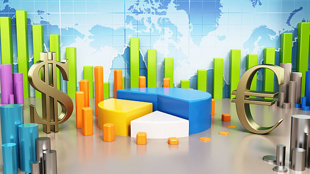 Colorful bar graphs and charts illustrate financial data analysis, showcasing market trends with dollar and euro symbols prominently positioned among the visualizations. 3D illustration