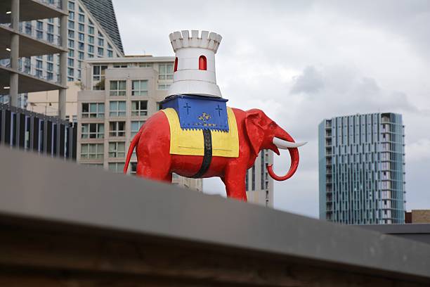 Famous historic Elephant and Castle statue, symbol of Elephant and Castle district in South London, UK.