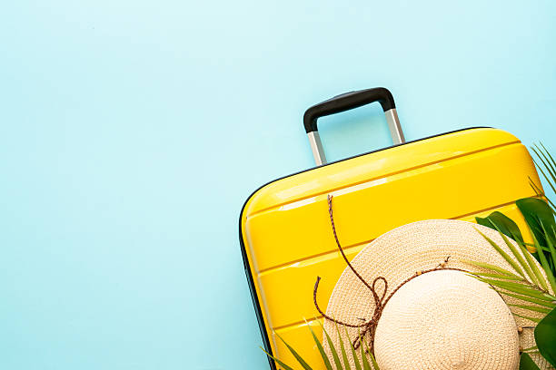istock Suitcase, hat and flip flops on blue background. 2216239360