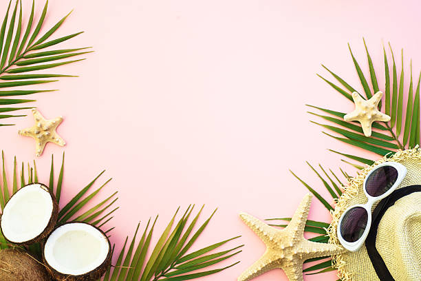 istock Summer flat lay background tropacal leaves on pink. 2216239504
