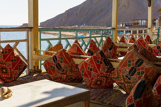 A beachside restaurant with a view of the ocean. The chairs are covered in colorful pillows and the tables are covered in rugs. The atmosphere is relaxed and inviting