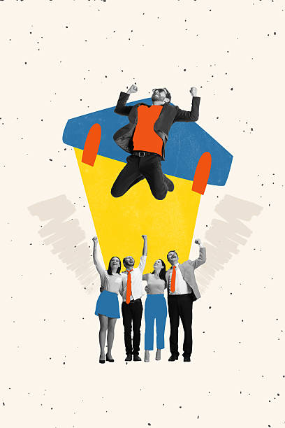 Team Lift-Off. Conceptual collage. Confident businessman launches from group as rocket, cheered by teammates below, symbolizing leadership.