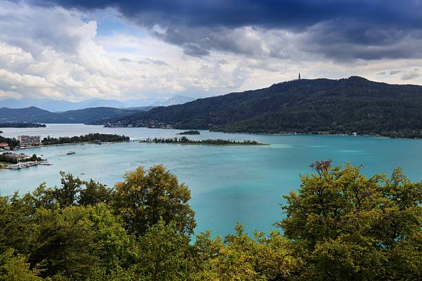Worthersee mountain lake in Austrian Alps. Austria landscape in State of Carinthia. Portschach am Worther See (Poertschach).