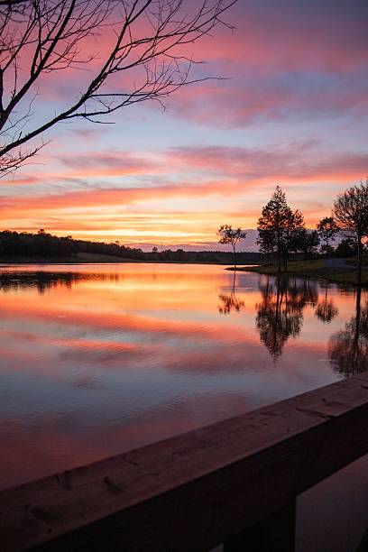 Serene sunset over tranquil lake with vibrant sky reflection.