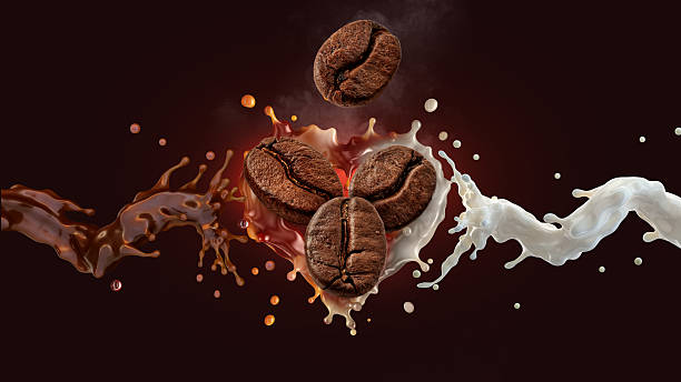 istock Coffee splash, 3D render and studio photo mix. Roasted beans with dynamic liquid motion of coffee, milk, and cream. 2216255918