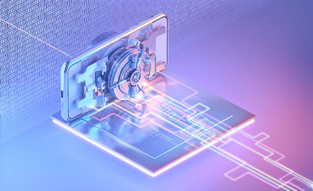 istock Mobile phone with digital vault and data circuit system. Concept of cybersecurity, digital banking, mobile finance, and data protection. 2216256032